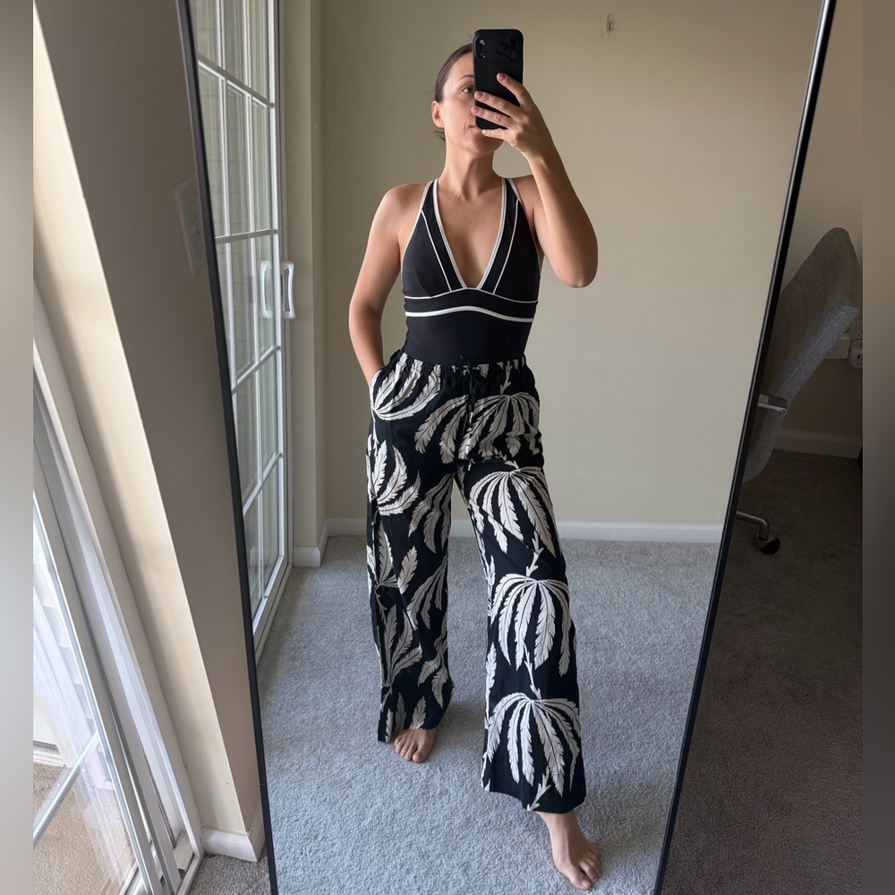 H&M Black Palm Print Wide Leg Pants Small Cotton Drawstring Semi Sheer Resort - Picture 12 of 13